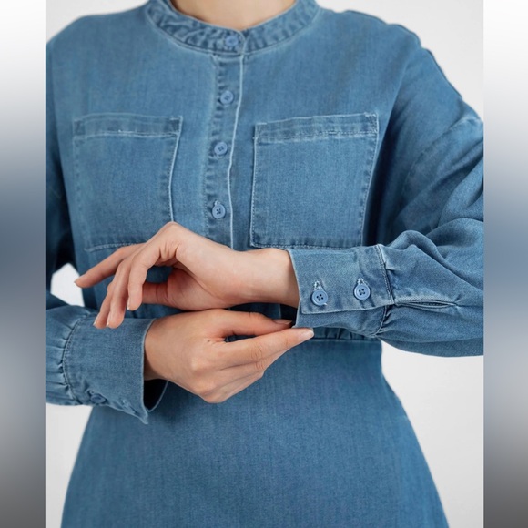 FARES Blue Wash Soft Stretchy Long Sleeve Waist Tie Denim Maxi Dress - Picture 3 of 9